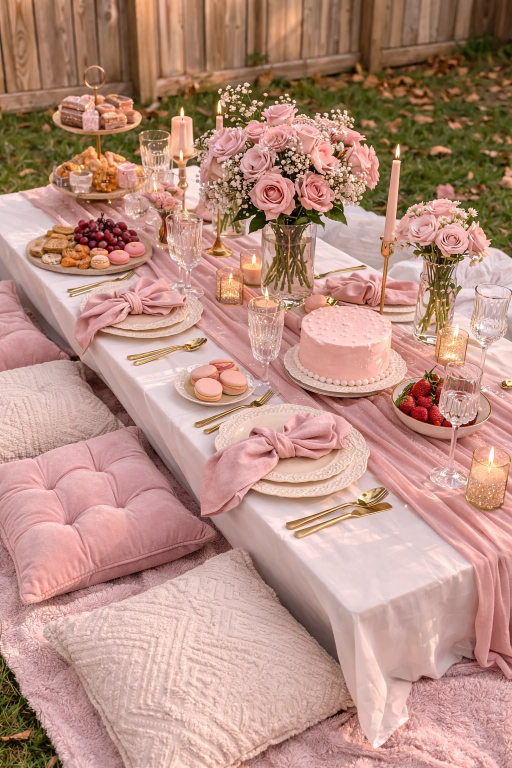 Blush tablescape with roses and gold accents