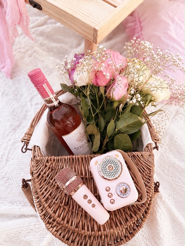 Wicker basket with rosé and speaker